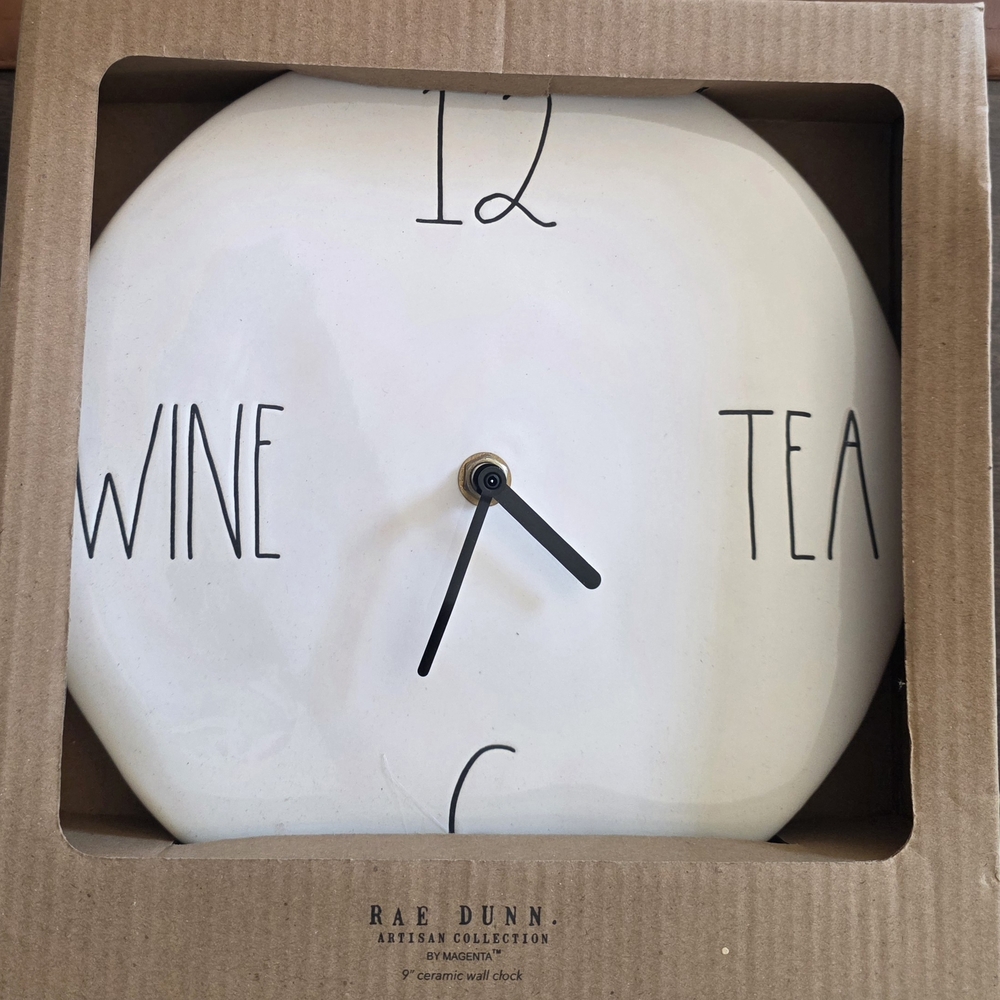 Rae Dunn White Ceramic Clock with Black Hands and Lettering